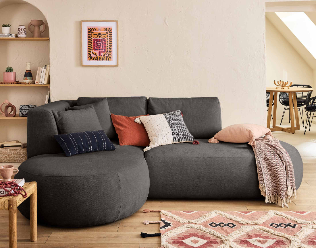 Canapé modulable d'angle gauche 4 places avec pouf en tissu texturé Santorini