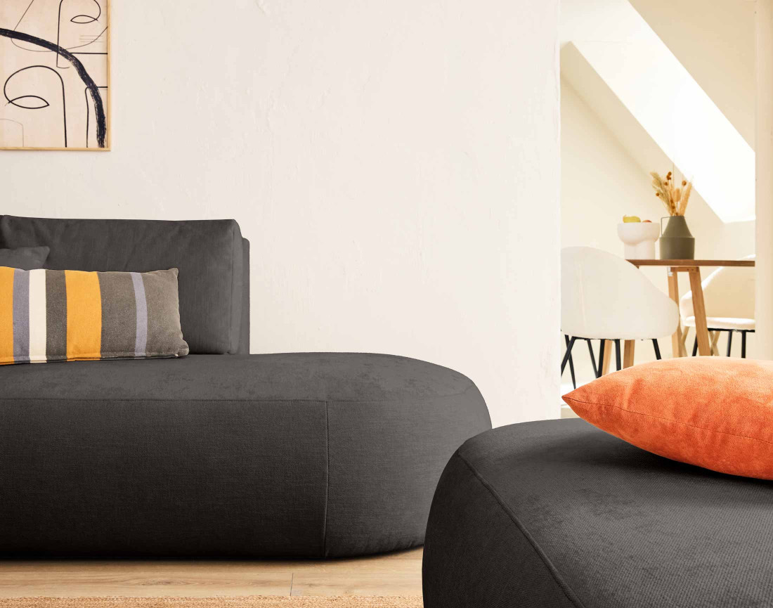 Canapé modulable d'angle gauche 4 places avec pouf en tissu texturé Santorini