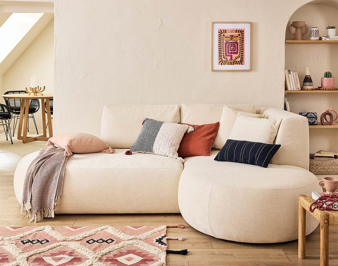 Canapé modulable d'angle droit avec pouf 4 places en tissu texturé Santorini