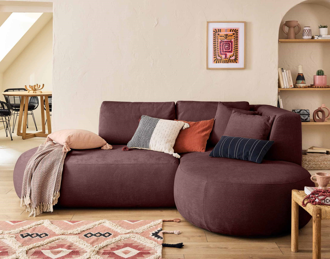 Canapé modulable d'angle droit avec pouf 4 places en tissu texturé Santorini