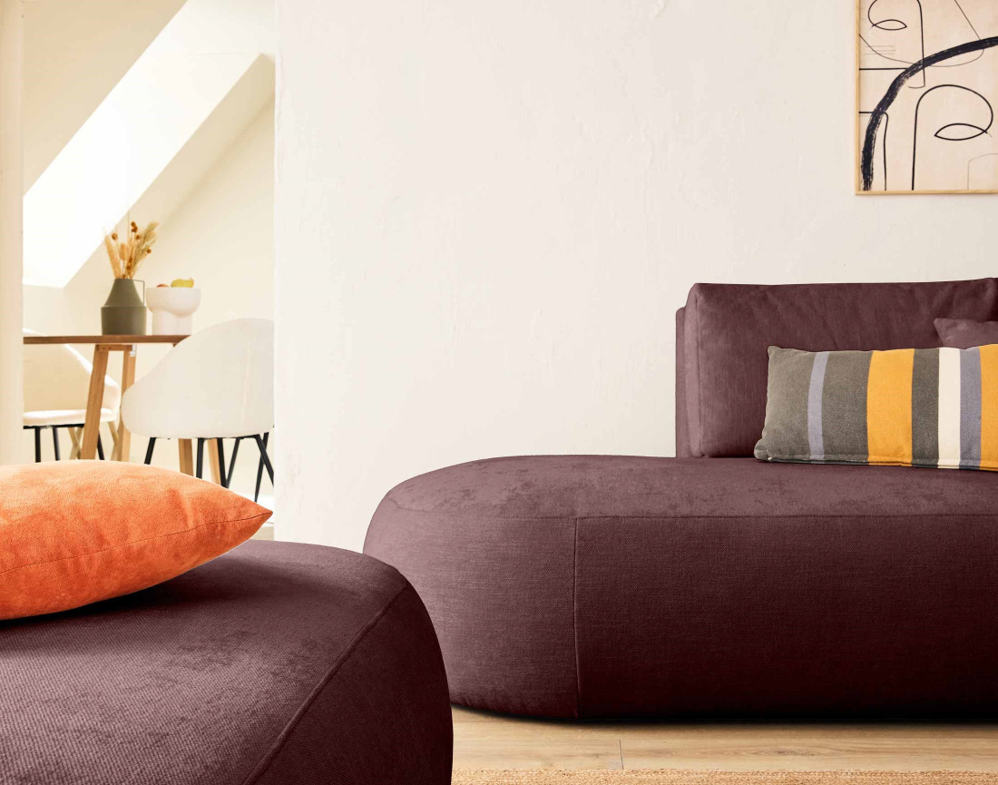 Canapé modulable d'angle droit avec pouf 4 places en tissu texturé Santorini