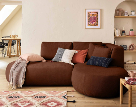 Canapé modulable d'angle droit avec pouf 4 places en tissu texturé Santorini