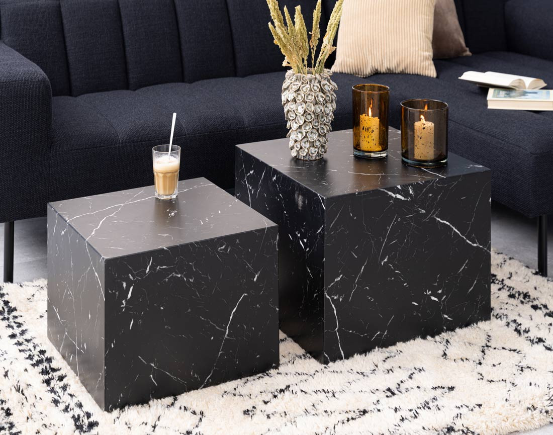 Lot de 2 tables basses effet marbre noir 58 et 50 cm Pueblo