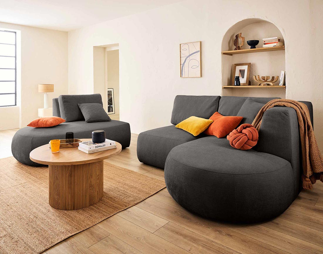 Canapé modulable d'angle droit 5 places en tissu texturé Santorini