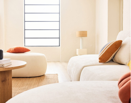 Canapé modulable d'angle droit avec pouf 5 places en tissu texturé Santorini