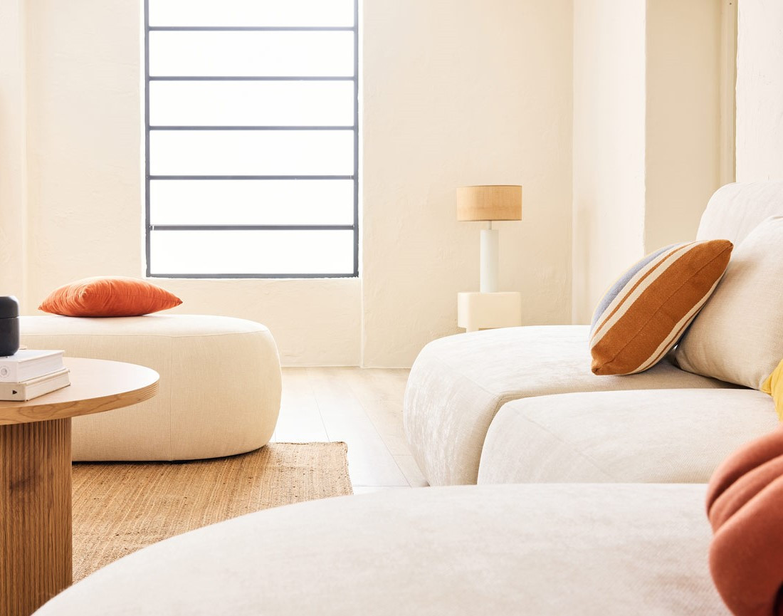 Canapé modulable d'angle droit avec pouf 5 places en tissu texturé Santorini