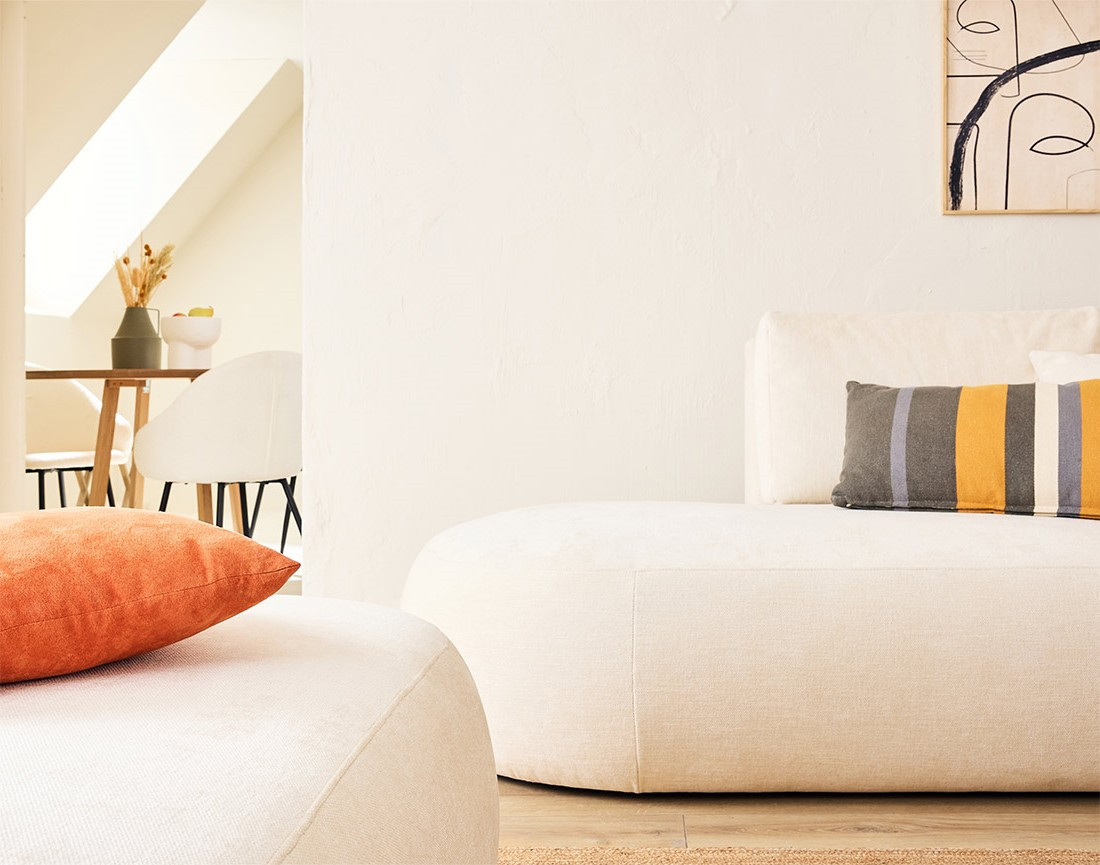 Canapé modulable d'angle droit avec pouf 5 places en tissu texturé Santorini