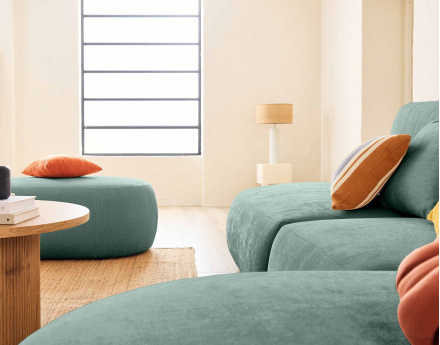 Canapé modulable d'angle droit avec pouf 5 places en tissu texturé Santorini