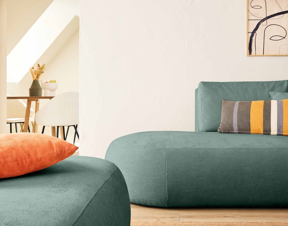 Canapé modulable d'angle droit avec pouf 5 places en tissu texturé Santorini