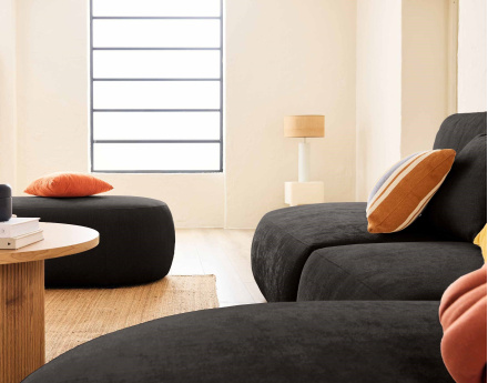 Canapé modulable d'angle droit avec pouf 5 places en tissu texturé Santorini