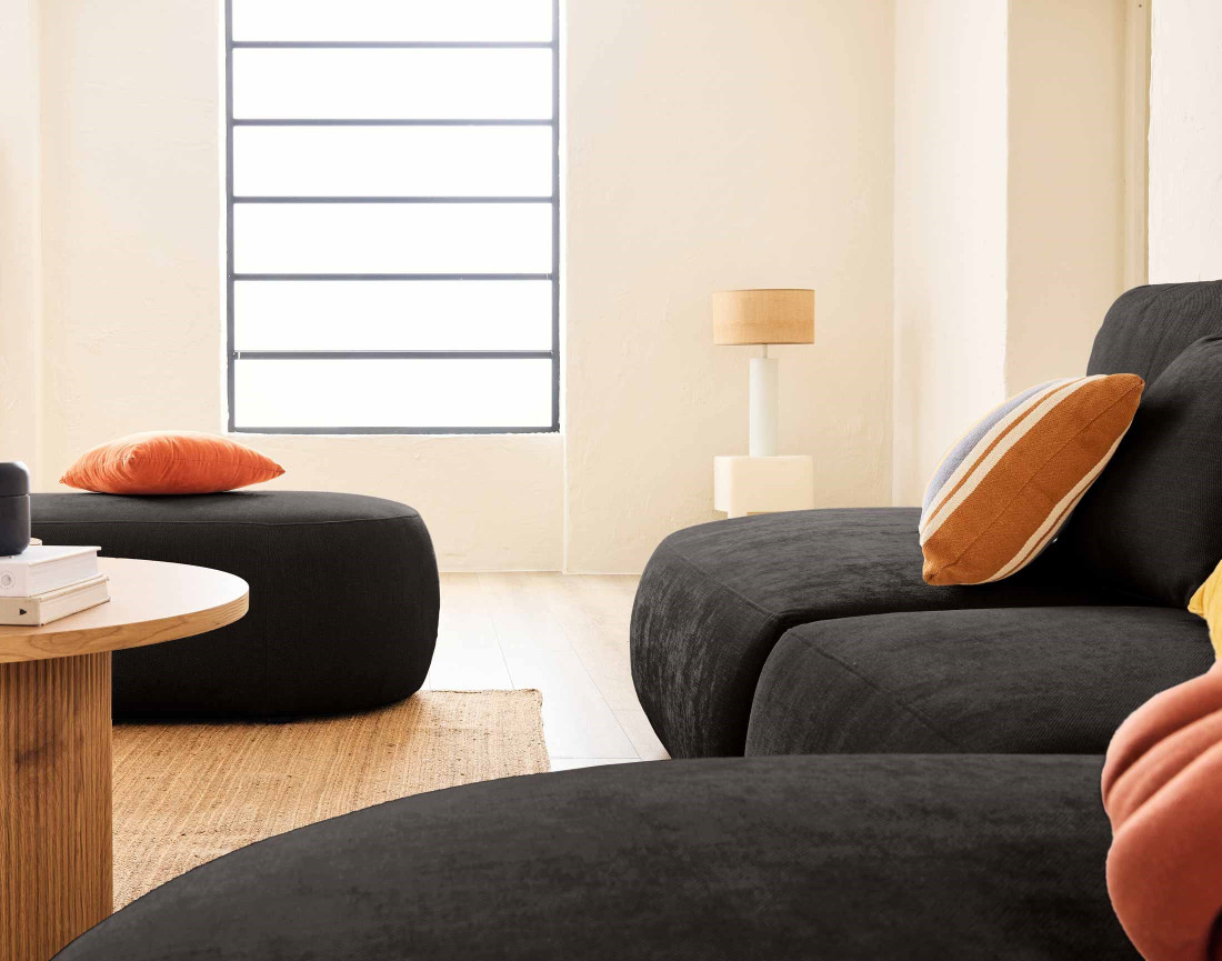 Canapé modulable d'angle droit avec pouf 5 places en tissu texturé Santorini