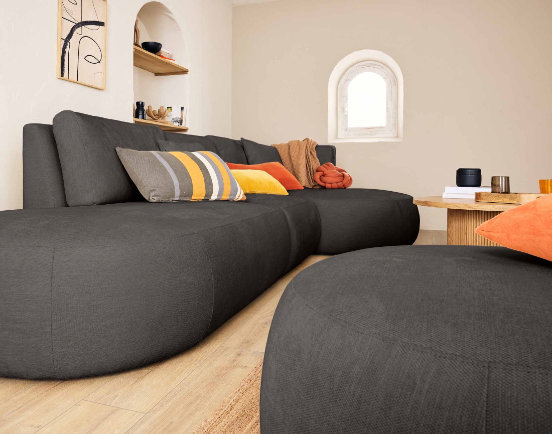 Canapé modulable d'angle droit avec pouf 5 places en tissu texturé Santorini