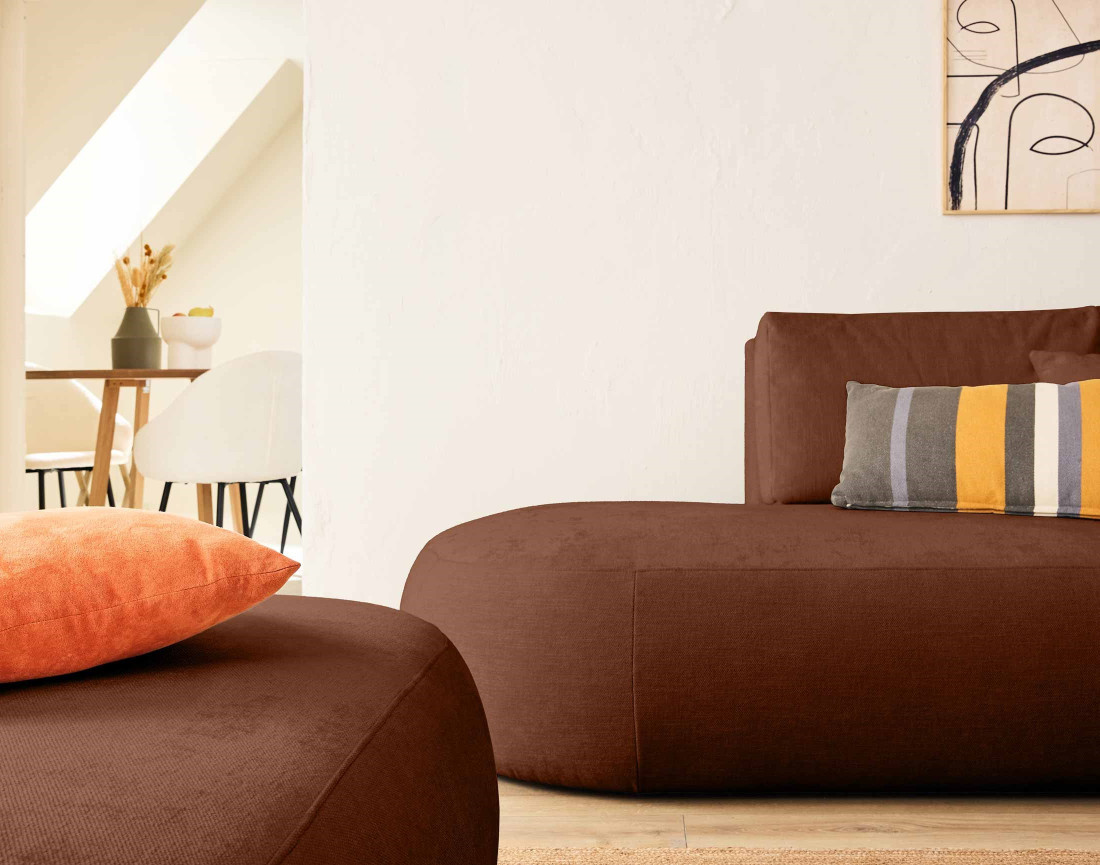 Canapé modulable d'angle droit avec pouf 5 places en tissu texturé Santorini