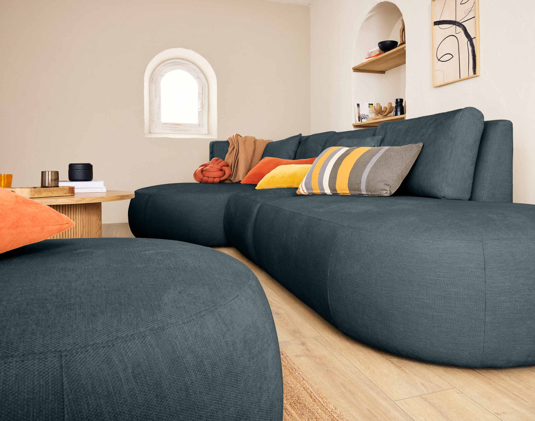 Canapé modulable d'angle gauche avec pouf 5 places en tissu texturé Santorini