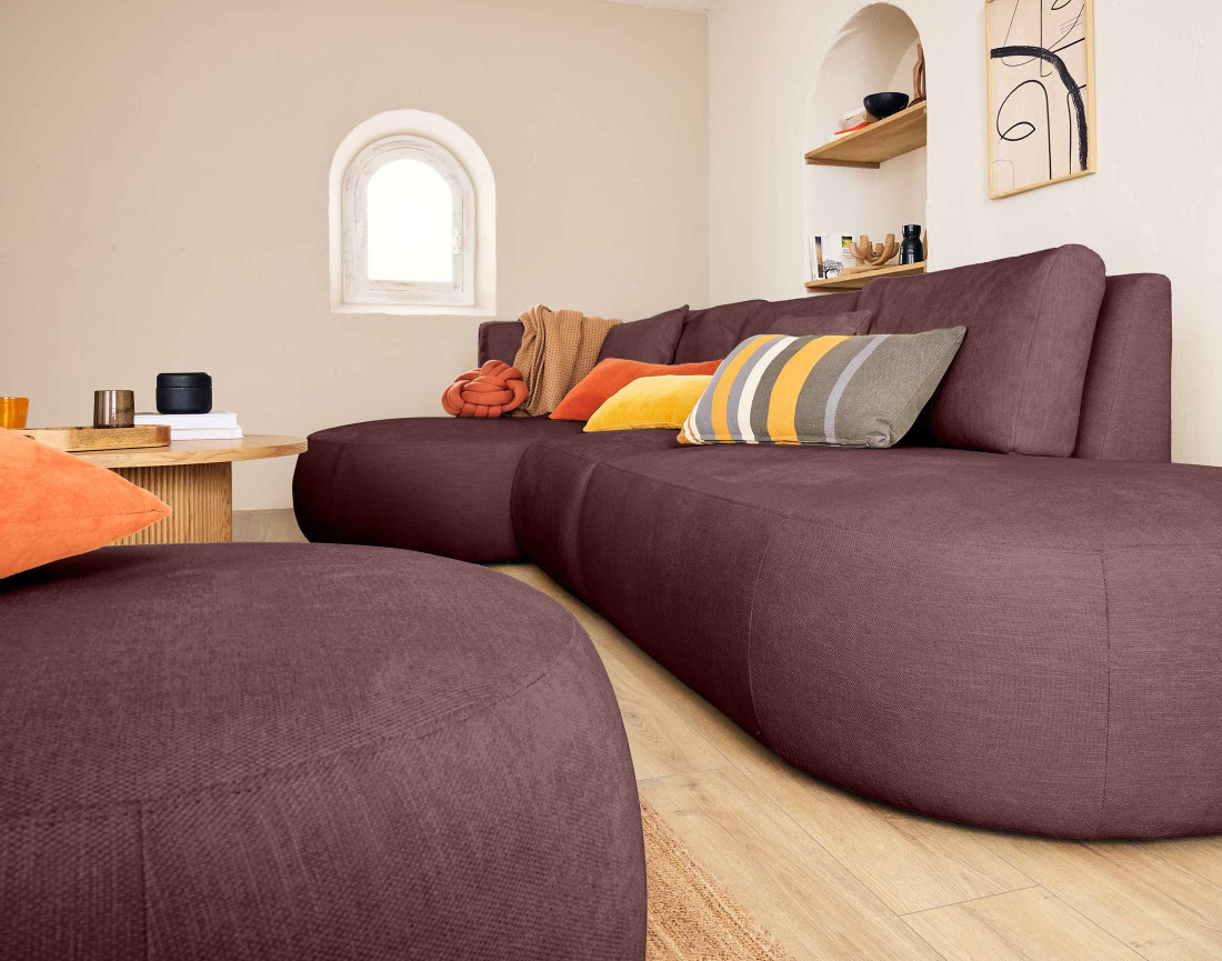 Canapé modulable d'angle gauche avec pouf 5 places en tissu texturé Santorini