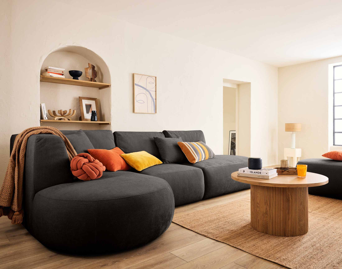 Canapé modulable d'angle gauche avec pouf 5 places en tissu texturé Santorini