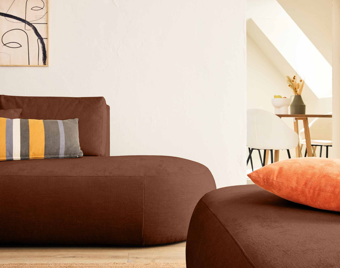 Canapé modulable d'angle gauche avec pouf 5 places en tissu texturé Santorini