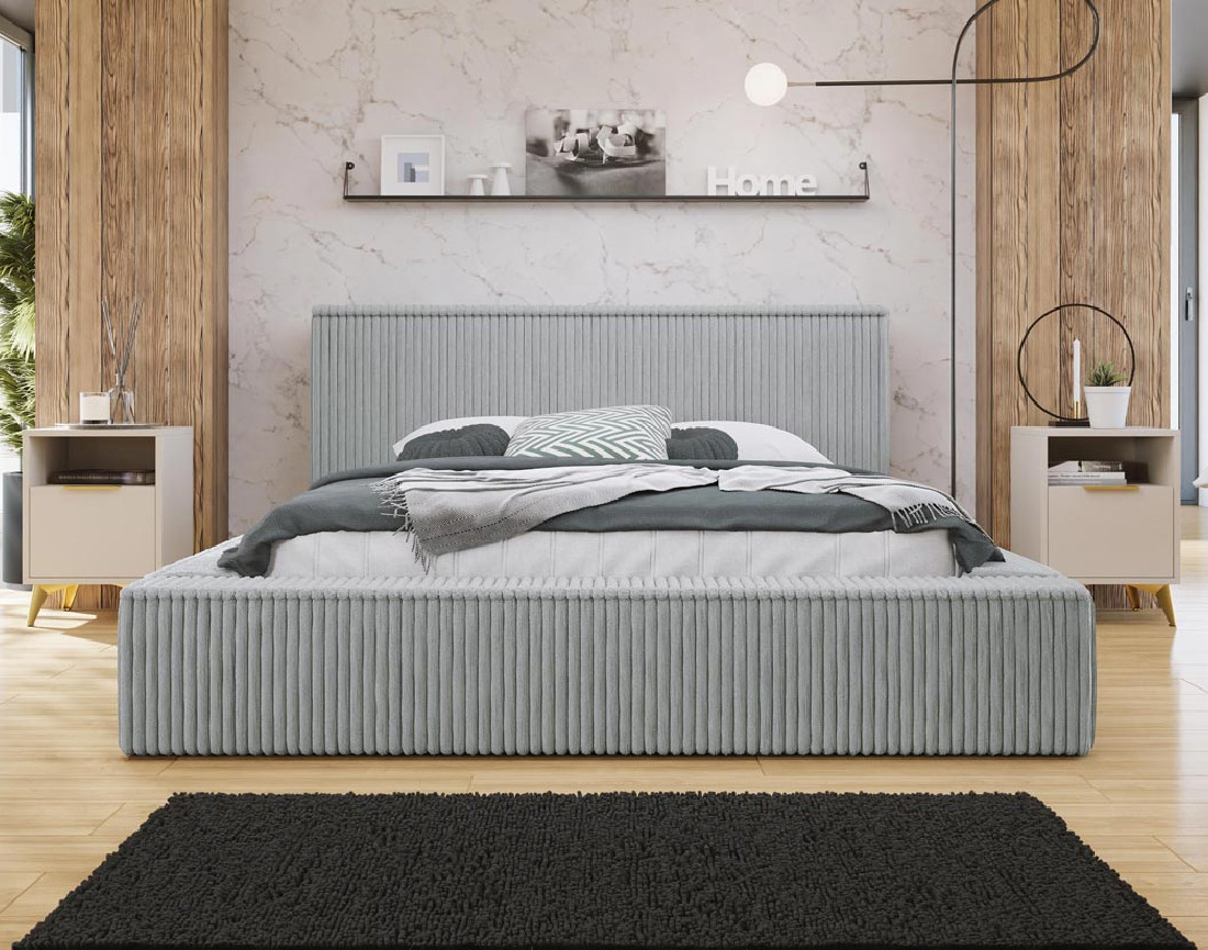 Lit coffre 140x200 cm sommier inclus en velours grosses côtes Swan