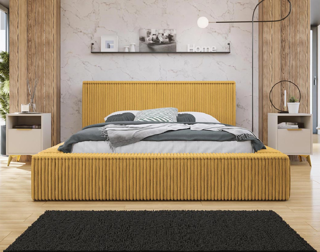 Lit coffre 180x200 cm sommier inclus en velours grosses côtes Swan