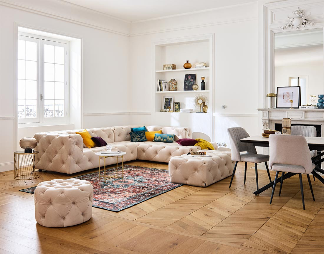 Canapé Chesterfield d'angle droit 5 places en velours Gallata