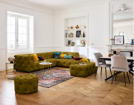 Canapé Chesterfield d'angle droit 5 places en velours Gallata