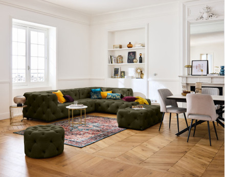 Canapé Chesterfield d'angle droit 5 places en velours Gallata