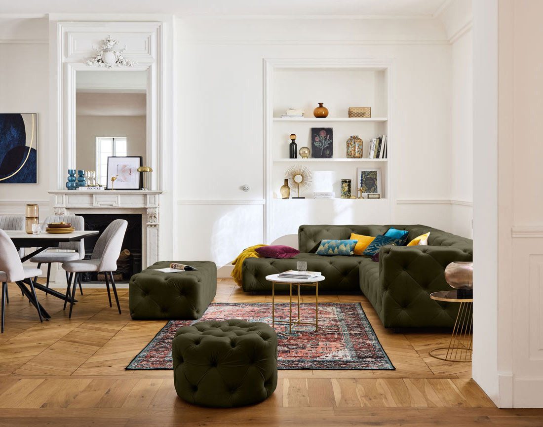 Pouf rond Chesterfield en velours Gallata