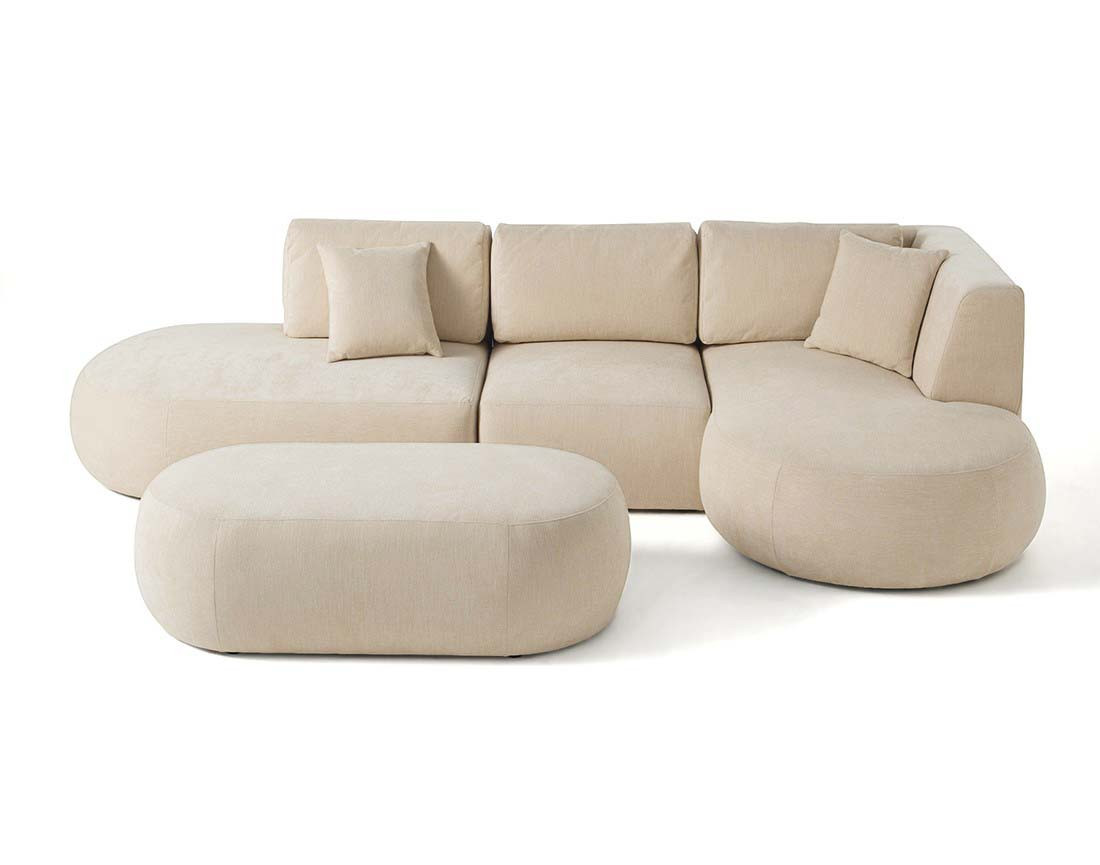 Canapé modulable d'angle droit avec pouf 5 places en tissu texturé Santorini