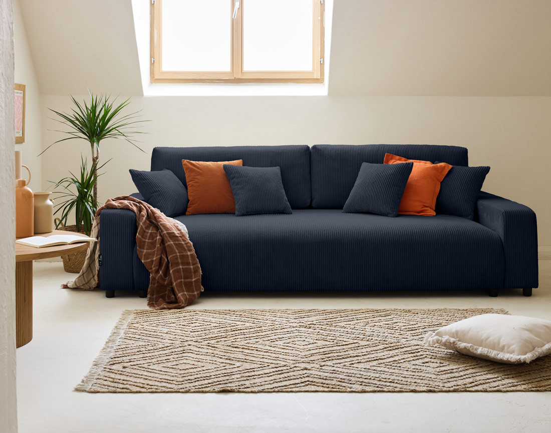 Canapé 3 places convertible avec coffre en velours côtelé Pivoine