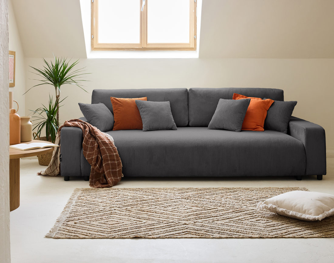 Canapé 3 places convertible avec coffre en velours côtelé Pivoine