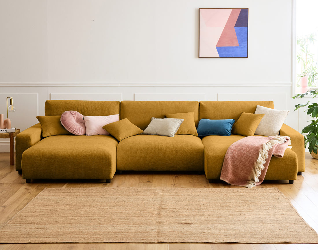 Canapé panoramique en U 7 places convertible avec coffre en velours texturé Pivoine