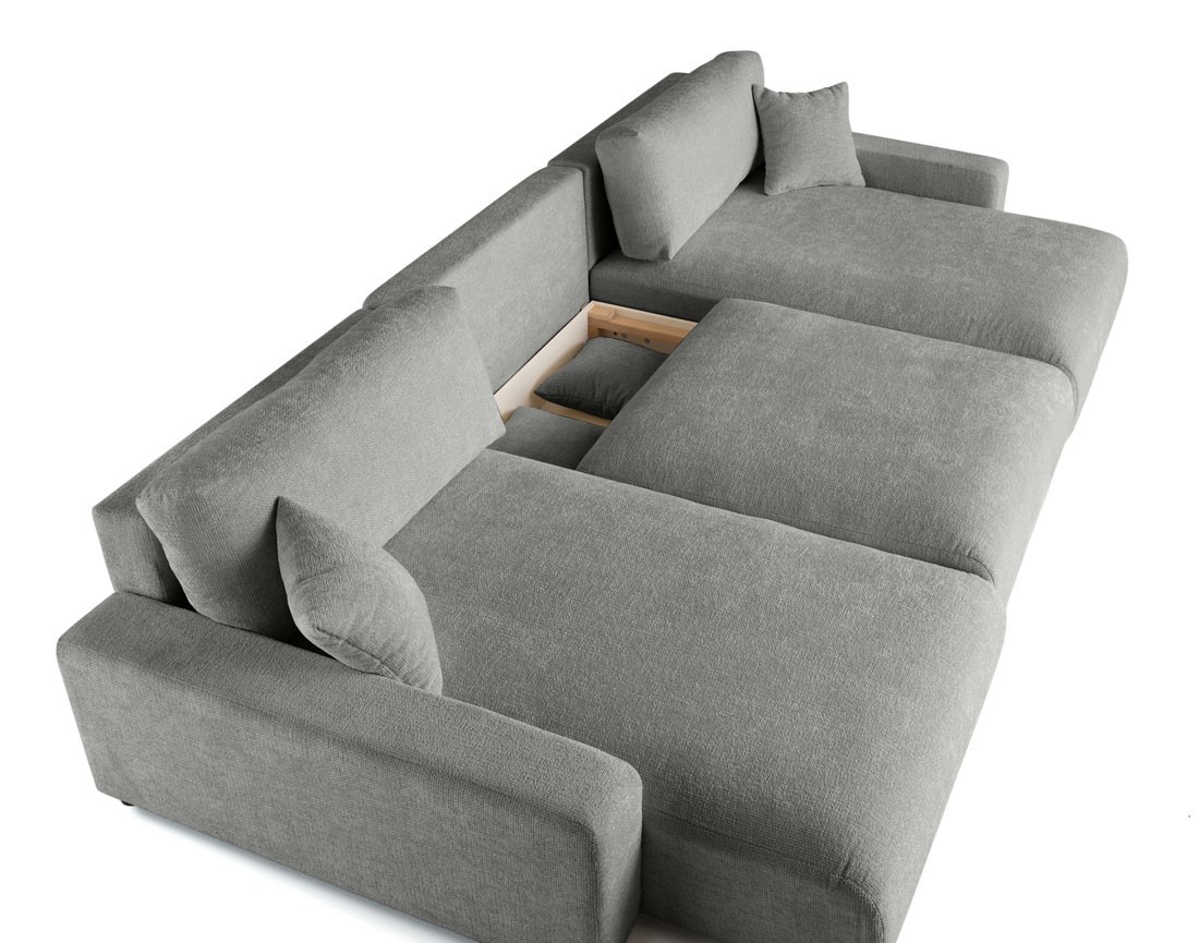 Canapé panoramique en U 7 places convertible avec coffre en velours texturé Pivoine