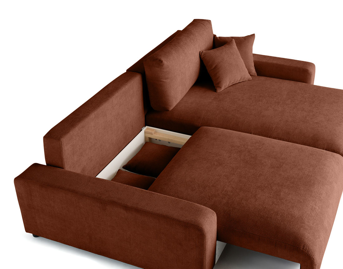 Canapé d'angle réversible 4 places convertible avec coffre en velours texturé Pivoine