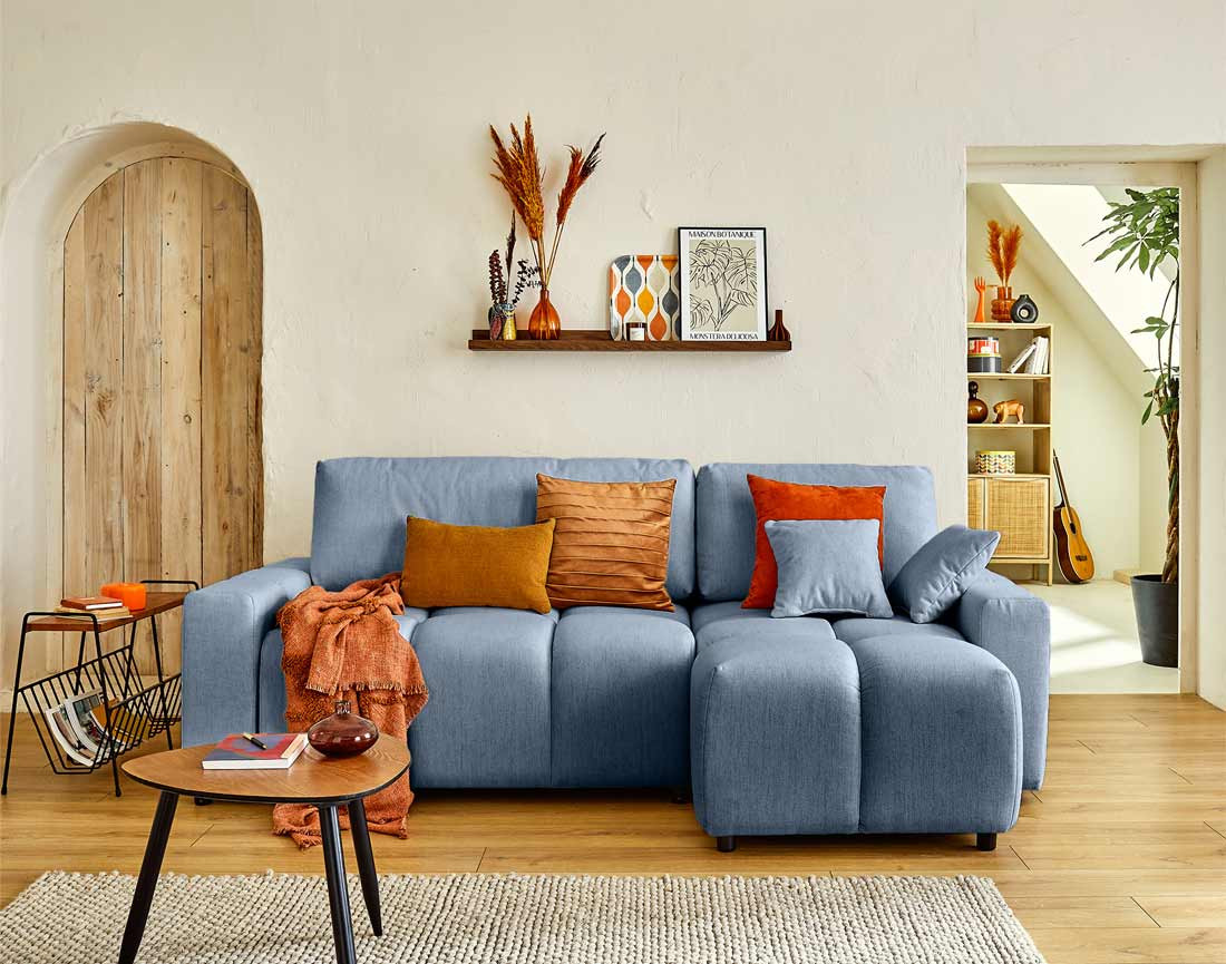 Canapé d'angle réversible convertible avec coffre 4 places en tissu Crocus