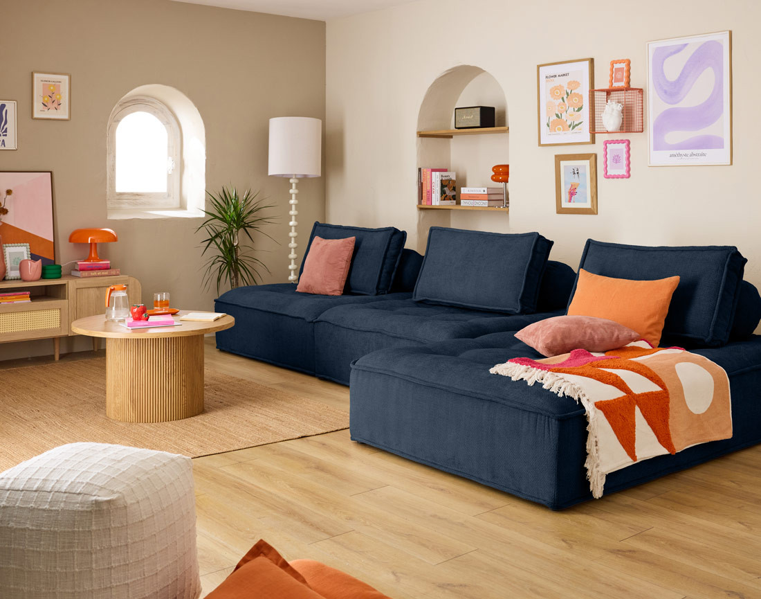 Canapé d'angle modulable 4 places en velours texturé Marisol