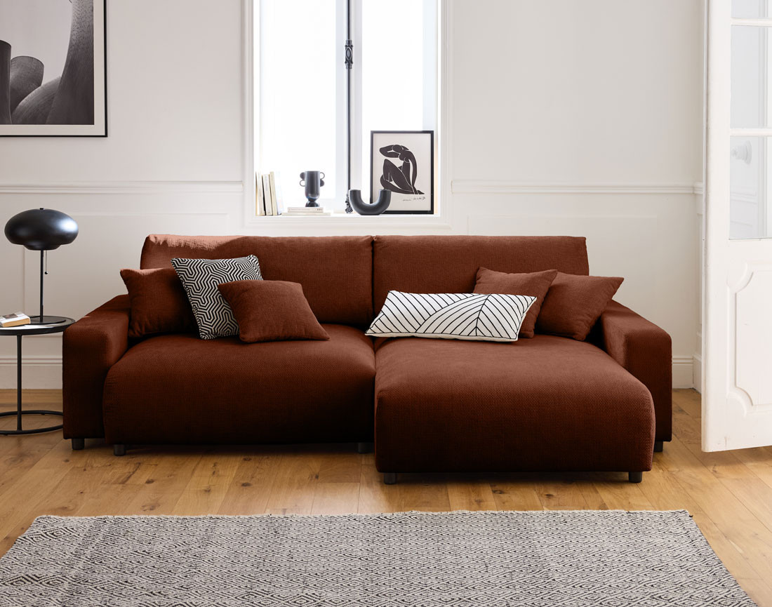 Canapé d'angle réversible 4 places convertible avec coffre en velours texturé Pivoine