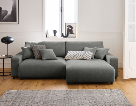 Canapé d'angle réversible 4 places convertible avec coffre en velours texturé Pivoine
