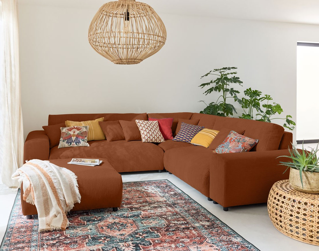 Canapé modulable d'angle droit 5 places en velours côtelé Garance