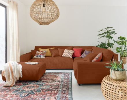 Canapé modulable d'angle droit 5 places en velours côtelé Garance