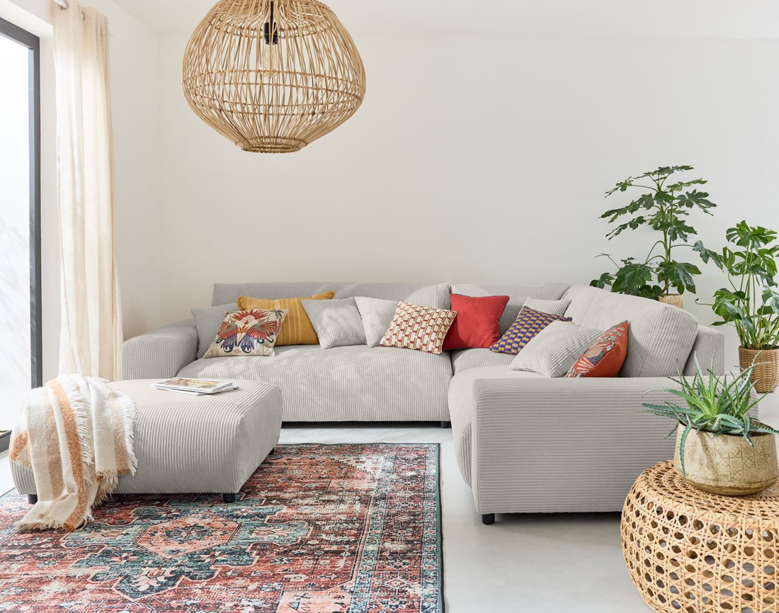 Canapé modulable d'angle droit 5 places en velours côtelé Garance