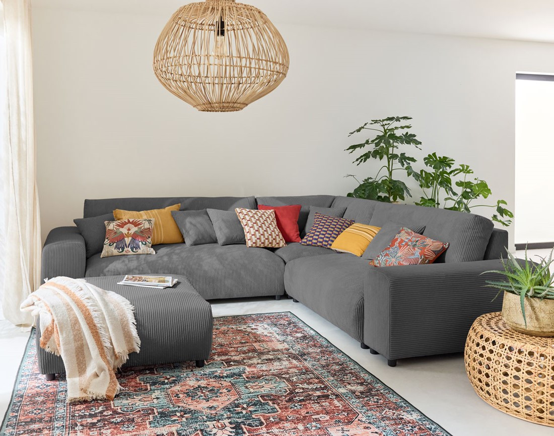 Canapé modulable d'angle droit 5 places en velours côtelé Garance