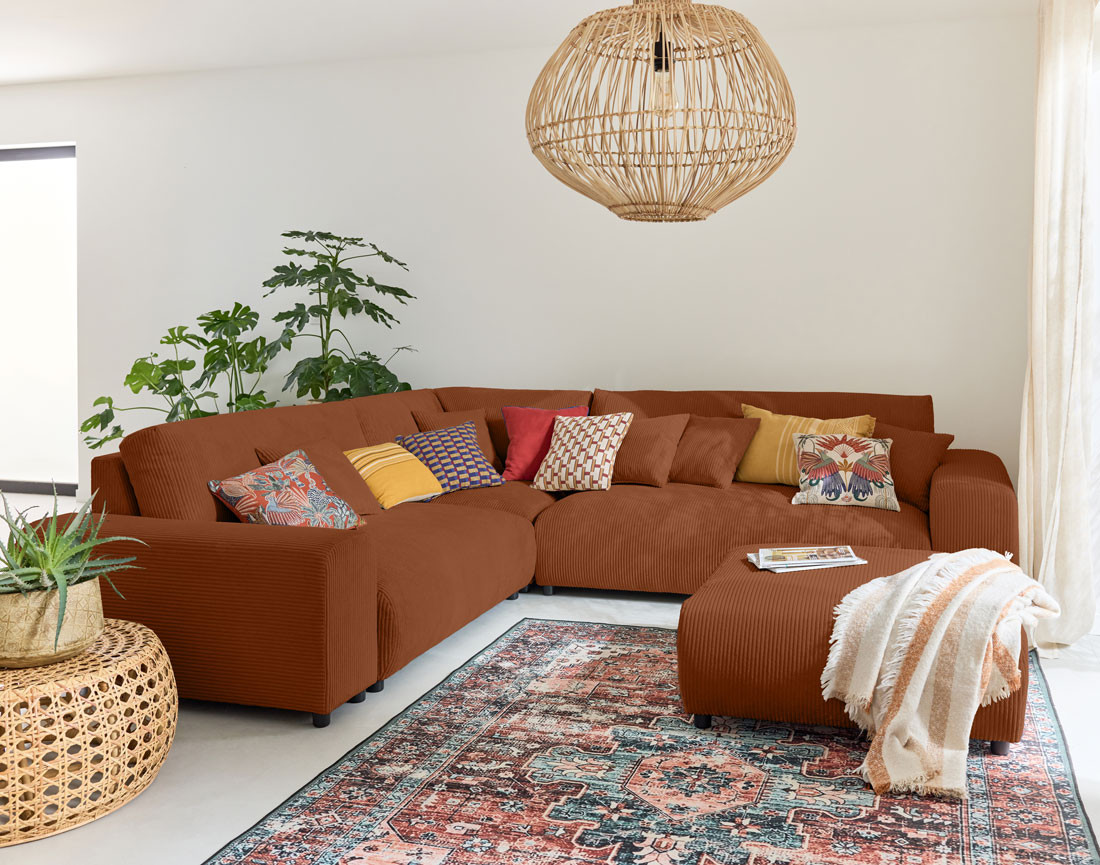 Canapé modulable d'angle gauche 5 places en velours côtelé Garance