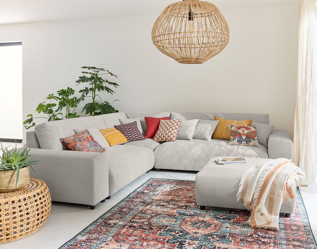 Canapé modulable d'angle gauche 5 places en velours côtelé Garance