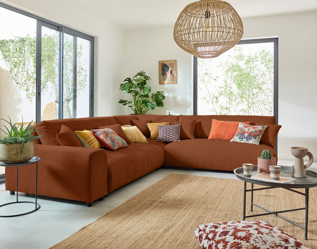 Canapé modulable d'angle droit 6 places en velours côtelé Garance