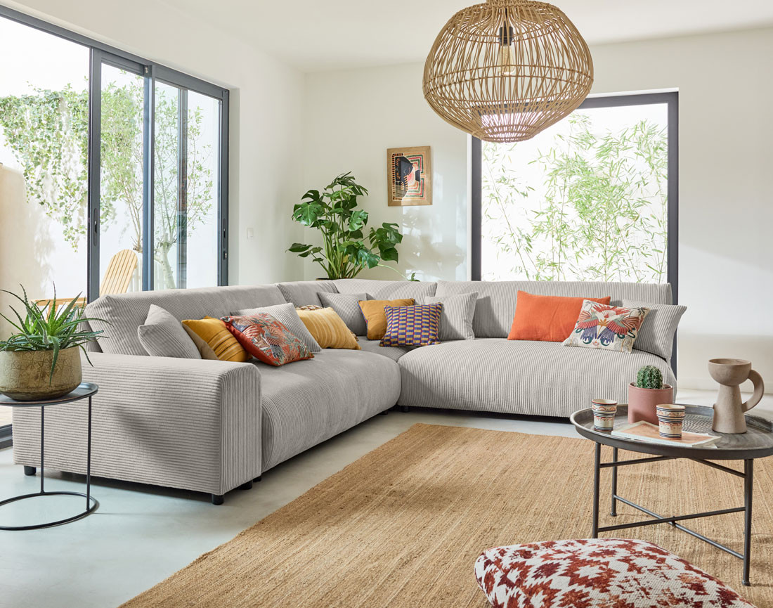 Canapé modulable d'angle droit 6 places en velours côtelé Garance