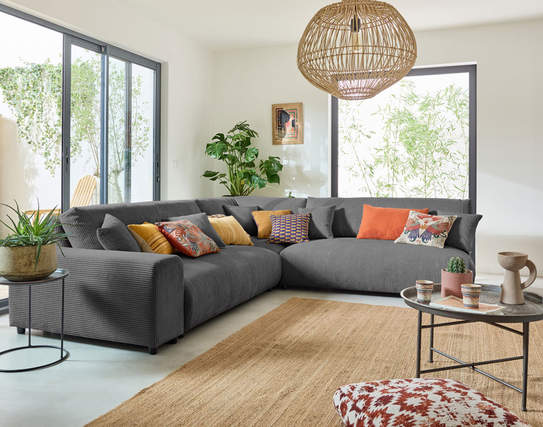 Canapé modulable d'angle droit 6 places en velours côtelé Garance