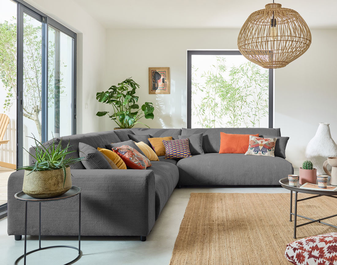 Canapé modulable d'angle droit 6 places en velours côtelé Garance