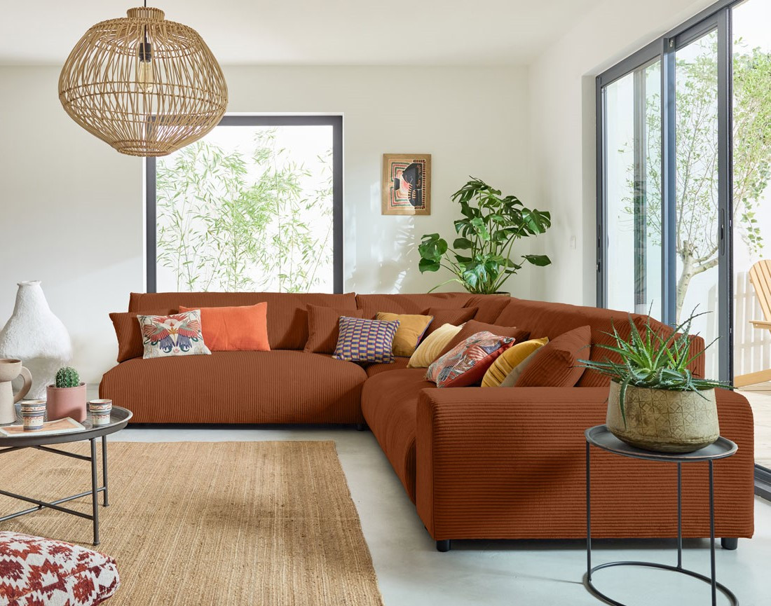 Canapé modulable d'angle gauche 6 places en velours côtelé Garance