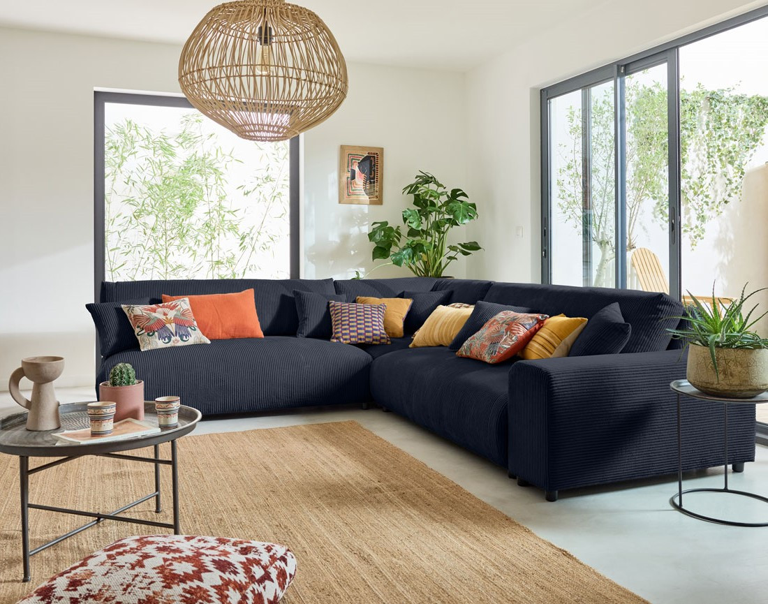 Canapé modulable d'angle gauche 6 places en velours côtelé Garance