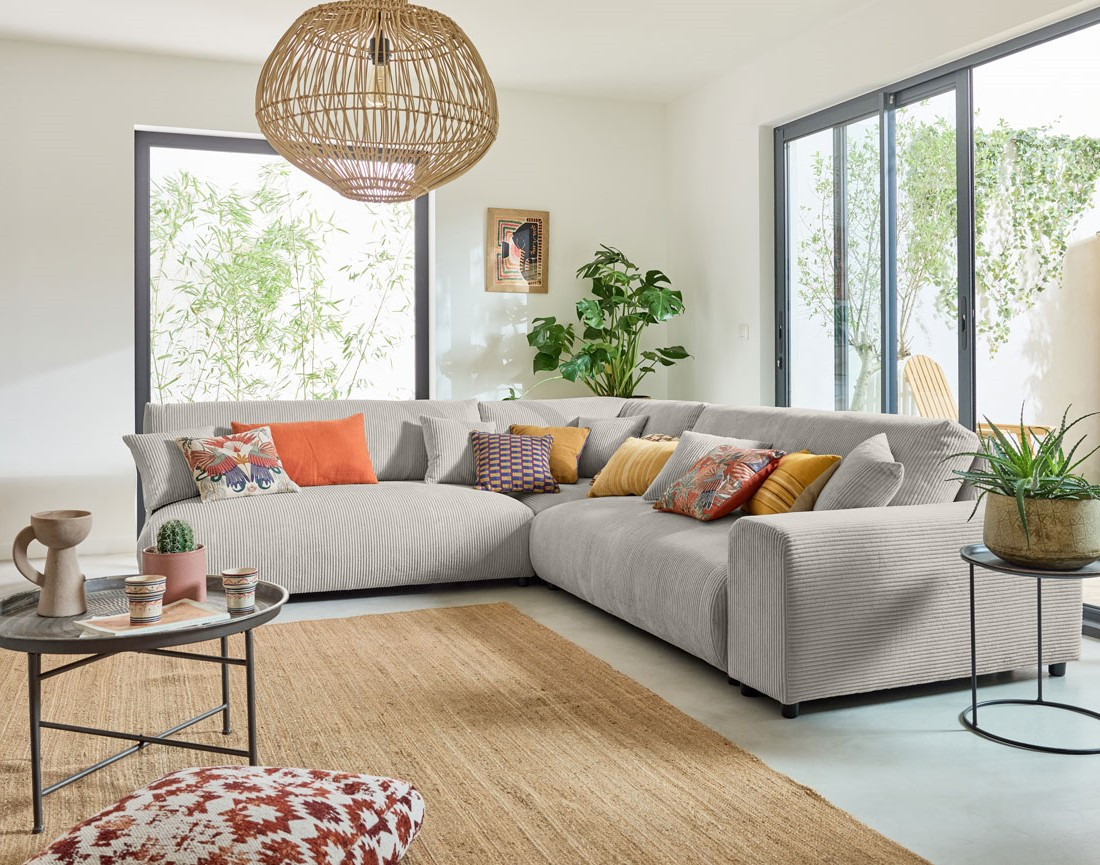 Canapé modulable d'angle gauche 6 places en velours côtelé Garance